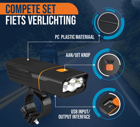 Fietsverlichting Set USB Oplaadbaar LED – Fietslamp – Fietslicht - Voorlicht en Achterlicht – Racefiets en Mountainbike Verlichting - Pitt & Co.