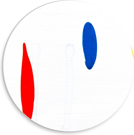 PVC Schuimplaat Muurcirkel - Rode, Blauwe en Gele Vlek op Witte Achtergrond - 30x30 cm Foto op Muurcirkel (met ophangsysteem)