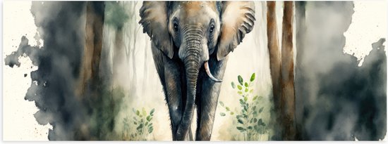 Poster Glanzend – Tekening van Olifant Lopend door het Bos - 150x50 cm Foto op Posterpapier met Glanzende Afwerking