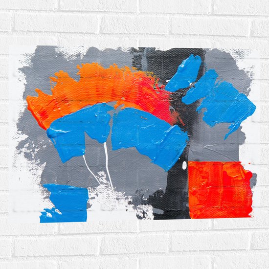 Muursticker - Oranje, Rode Blauwe en Grijze Verfvlekken op Witte Achtergrond - 80x60 cm Foto op Muursticker