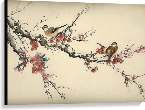 Canvas - Tekening van Vogeltjes op Smalle Tak met Rode Bloemen - 100x75 cm Foto op Canvas Schilderij (Wanddecoratie op Canvas)