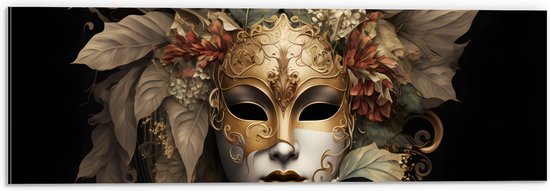 Dibond - Venetiaanse carnavals Masker met Gouden en Beige Details tegen Zwarte Achtergrond - 60x20 cm Foto op Aluminium (Wanddecoratie van metaal)