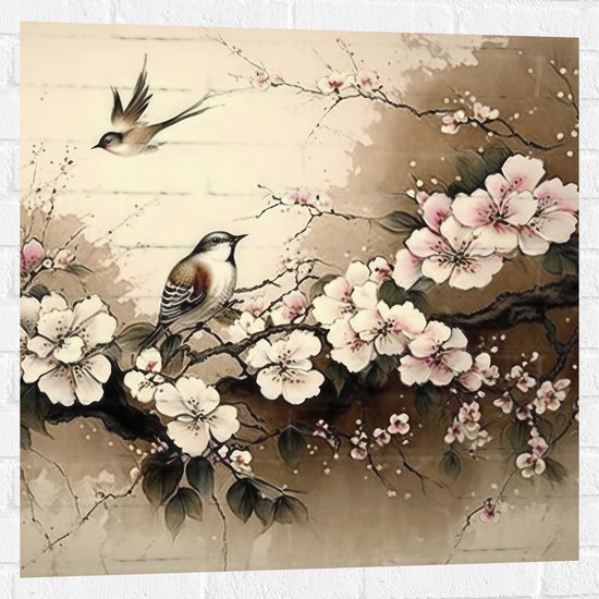 Muursticker - Tekening van Vogels Vliegend bij Tak met Bloemen - 80x80 cm Foto op Muursticker