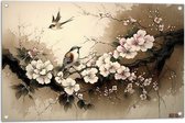Tuinposter – Tekening van Vogels Vliegend bij Tak met Bloemen - 90x60 cm Foto op Tuinposter (wanddecoratie voor buiten en binnen)