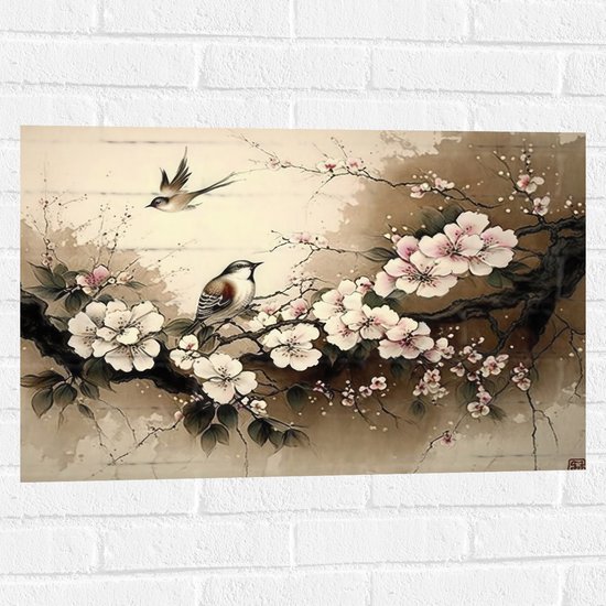Muursticker - Tekening van Vogels Vliegend bij Tak met Bloemen - 75x50 cm Foto op Muursticker