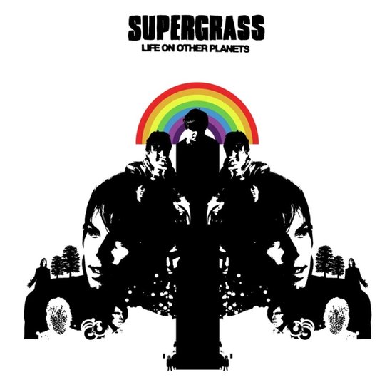 LPhoes met Supergrass logo en 'Life on Other Planets' titel. Gekleurde regenboog en gespiegelde silhouetten van bandleden.