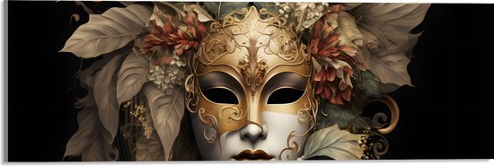 Acrylglas - Venetiaanse carnavals Masker met Gouden en Beige Details tegen Zwarte Achtergrond - 60x20 cm Foto op Acrylglas (Met Ophangsysteem)