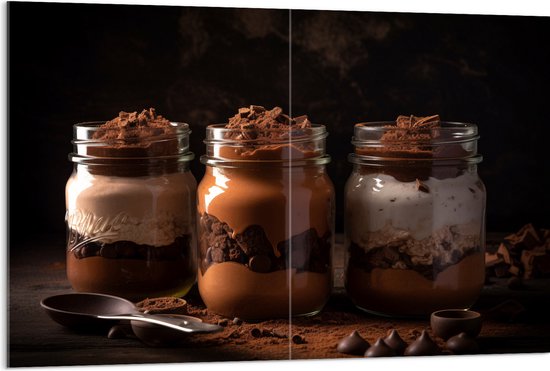 Acrylglas - Chocolademouse Toetjes in Glazen Potjes - 120x80 cm Foto op Acrylglas (Met Ophangsysteem)