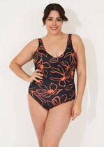 Badpak Vrouwen- Plus Size Zwempak- Dames Badmode Bleomenprint- Swimwear VC719- Zwart Oranje details- Maat 54