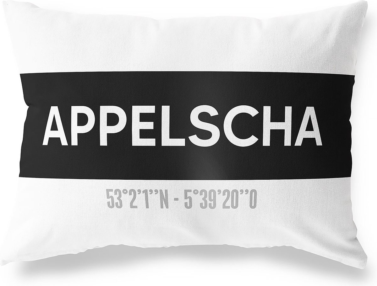 Tuinkussen APPELSCHA - FRIESLAND met coördinaten - Buitenkussen - Bootkussen - Weerbestendig - Jouw Plaats - Studio216 - Modern - Zwart-Wit - 50x30cm