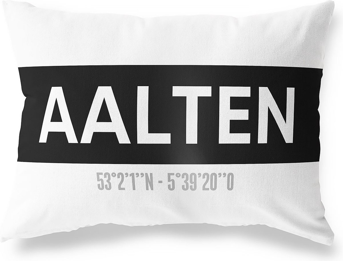 Tuinkussen AALTEN - GELDERLAND met coördinaten - Buitenkussen - Bootkussen - Weerbestendig - Jouw Plaats - Studio216 - Modern - Zwart-Wit - 50x30cm