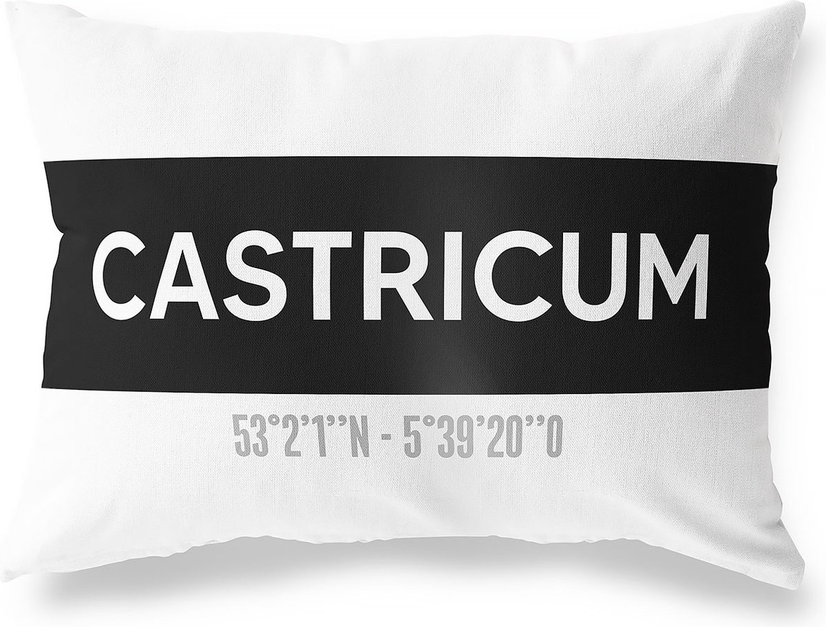 Tuinkussen CASTRICUM - NOORD-HOLLAND met coördinaten - Buitenkussen - Bootkussen - Weerbestendig - Jouw Plaats - Studio216 - Modern - Zwart-Wit - 50x30cm