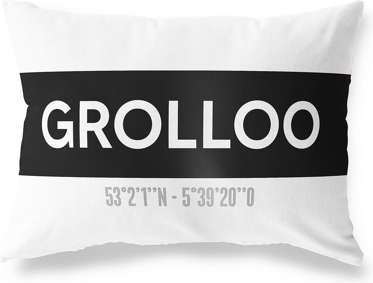 Tuinkussen GROLLOO - DRENTHE met coördinaten - Buitenkussen - Bootkussen - Weerbestendig - Jouw Plaats - Studio216 - Modern - Zwart-Wit - 50x30cm