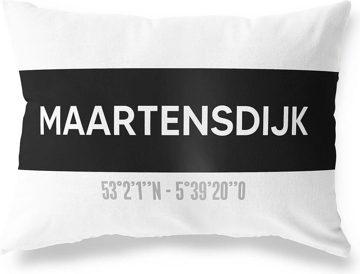 Tuinkussen MAARTENSDIJK - UTRECHT met coördinaten - Buitenkussen - Bootkussen - Weerbestendig - Jouw Plaats - Studio216 - Modern - Zwart-Wit - 50x30cm