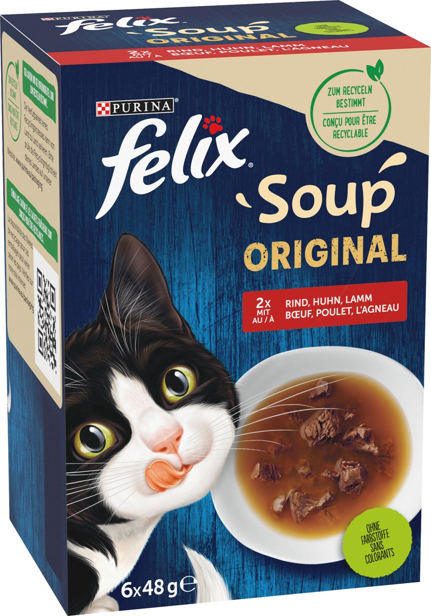 Felix Nat Kattenvoer met Rund, Kip & Lam, Soep Original Multipack (6×48 g), 288 g