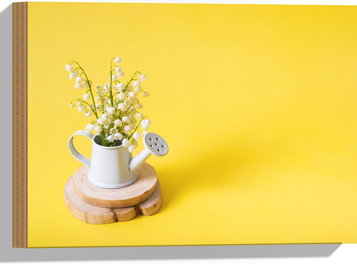 Hout - Boeket in Gieter met Gele Achtergrond - 40x30 cm - 9 mm dik - Foto op Hout (Met Oph