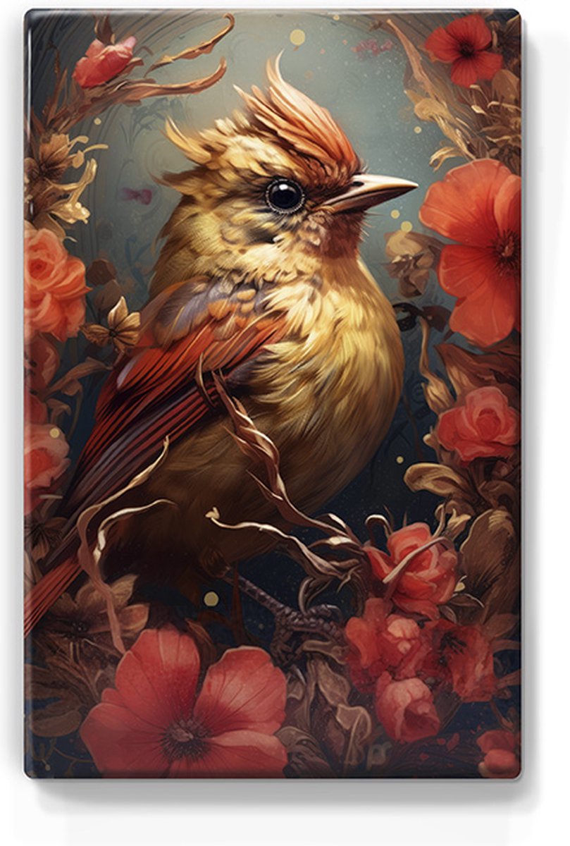 Vogel met klaprozen - Laqueprint - 19,5 x 30 cm - Niet van echt te onderscheiden handgelakt schilderijtje op hout - Mooier dan een print op canvas. - LP338