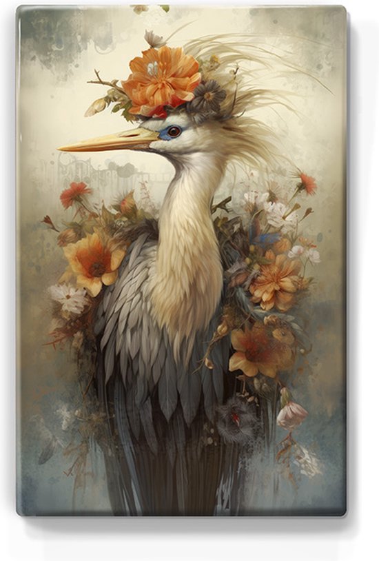 Witte kraanvogel met bloemen - Laqueprint - 19,5 x 30 cm - Niet van echt te onderscheiden handgelakt schilderijtje op hout - Mooier dan een print op canvas. - LP333