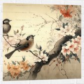 Muursticker - Tekening van Tak met Vogels en Bloemen - 80x80 cm Foto op Muursticker