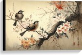 Canvas - Tekening van Tak met Vogels en Bloemen - 60x40 cm Foto op Canvas Schilderij (Wanddecoratie op Canvas)