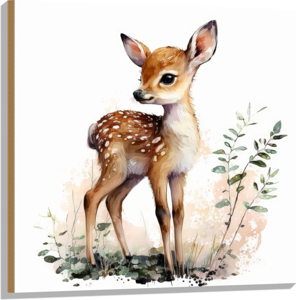 Hout - Tekening van Opzijkijkend Baby Hertje - 80x80 cm - 9 mm dik - Foto op Hout (Met Ophangsysteem)