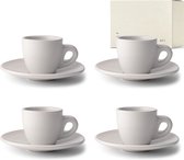 Espressokopjes van aardewerk, set van 4 x 75 ml, dikwandige espressokopjes met schotel, set mokkakopjes, Italiaans, wit