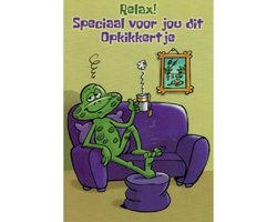 Relax! Speciaal voor jou dit opkikkertje! Een geschikte kaart om te sturen / geven aan mensen die ziek zijn. Deze kikker hoopt zich snel beter te voelen door te rusten warme thee te drinken. Een dubbele wenskaart inclusief envelop en in folie verpakt