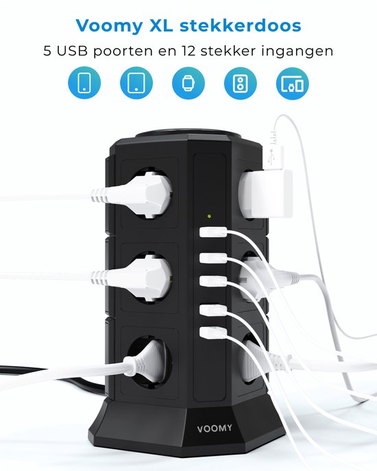 Voomy XL Stekkerdoos 2.0 met Schakelaar - 2x USB-C - 20W Snellader Iphone - 4000W - 12 Stopcontacten