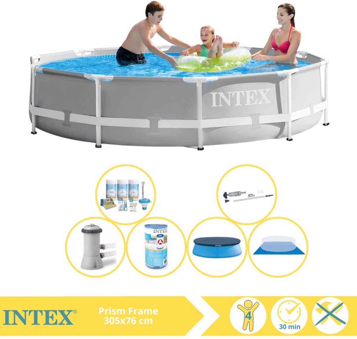 Intex Rond Prism Frame Zwembad - 366 x 76 cm - Grijs - Inclusief Pomp - Afdekzeil - Onderhoudspakket - Filter - Grondzeil - Stofzuiger - 7-delig