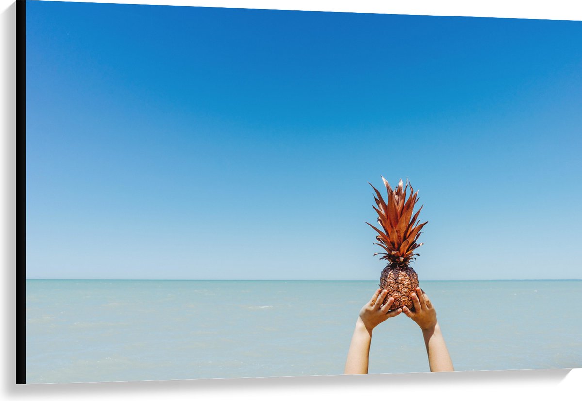 Canvas - Ananas in Handen bij het Water - 120x80 cm Foto op Canvas Schilderij (Wanddecoratie op Canvas)