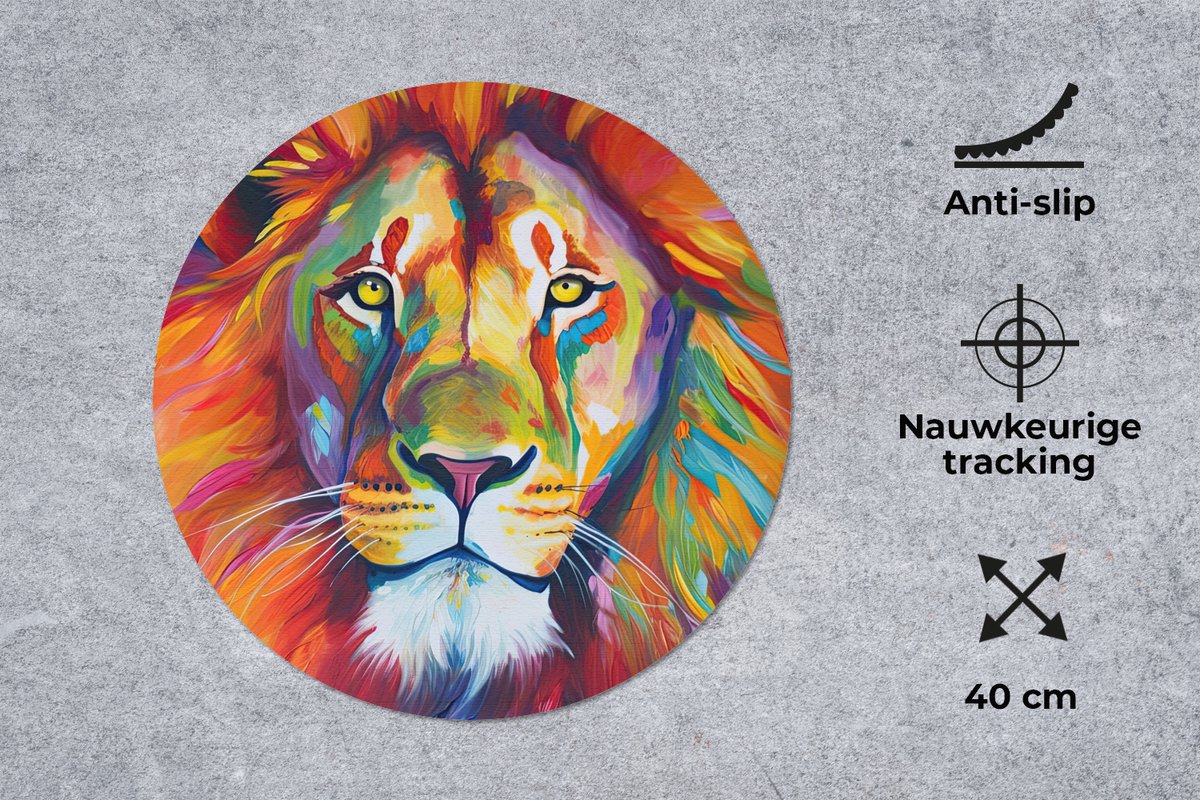 Muismat rond 40x40 cm - Mousepad Leeuw - Dieren - Olieverf - Regenboog - Ronde muismatten