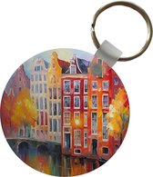 Sleutelhanger - Grachtenpanden - Kunst - Schilderij - Amsterdam - Plastic - Rond - Uitdeelcadeautjes