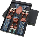 Chique moderne bretels - Blauw paisley dessin - middenbruin leer - 6 stevige clips - heren - unisex
