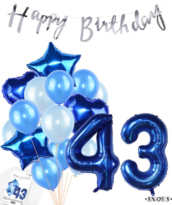 Snoes Ballonnen 43 Jaar Feestpakket – Versiering – Verjaardag Set Mason Blauw Cijferballon 43 Jaar - Heliumballon