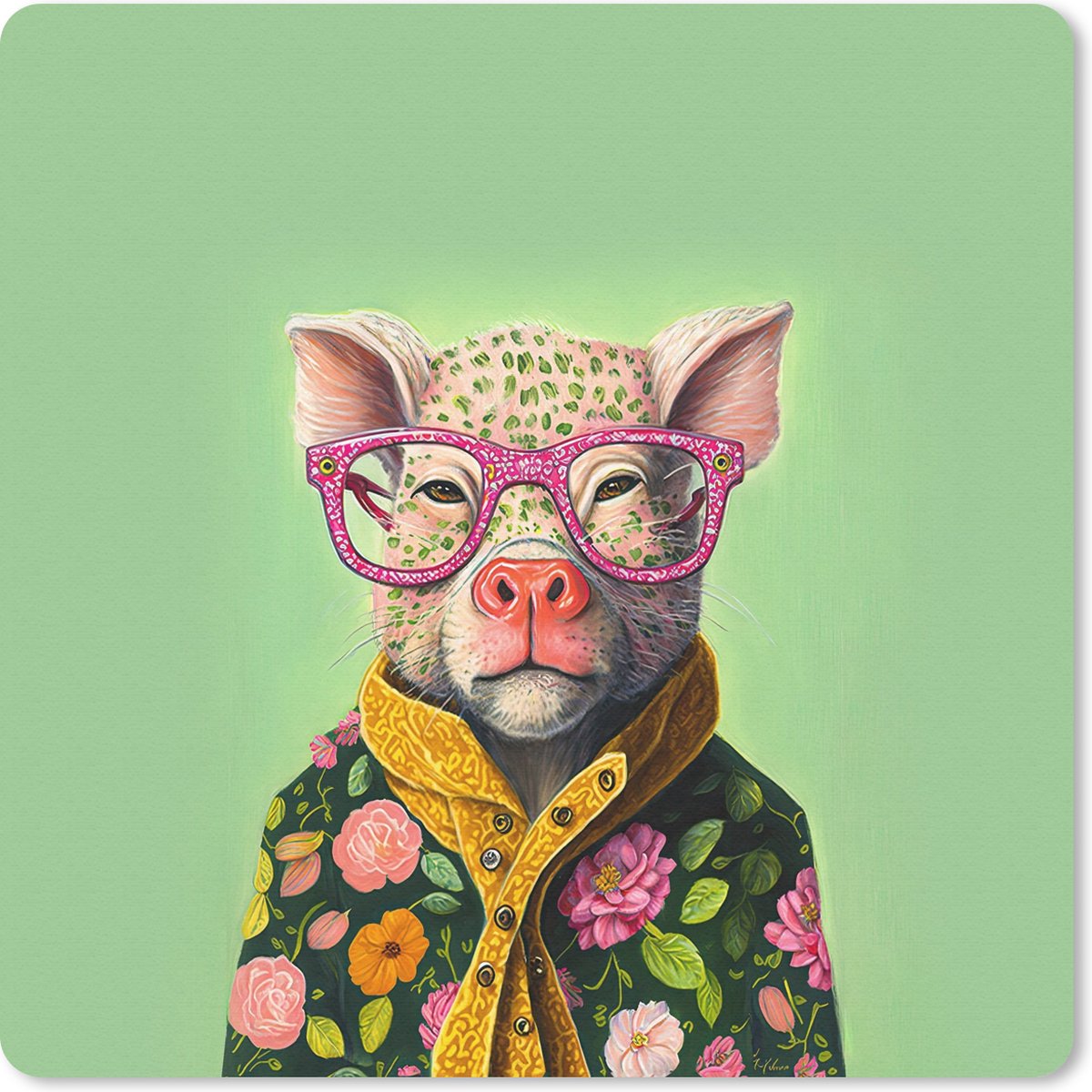 Muismat 20x20 cm - Mousepad Bril - Roze - Varken - Bloemen - Dier - Muismatten