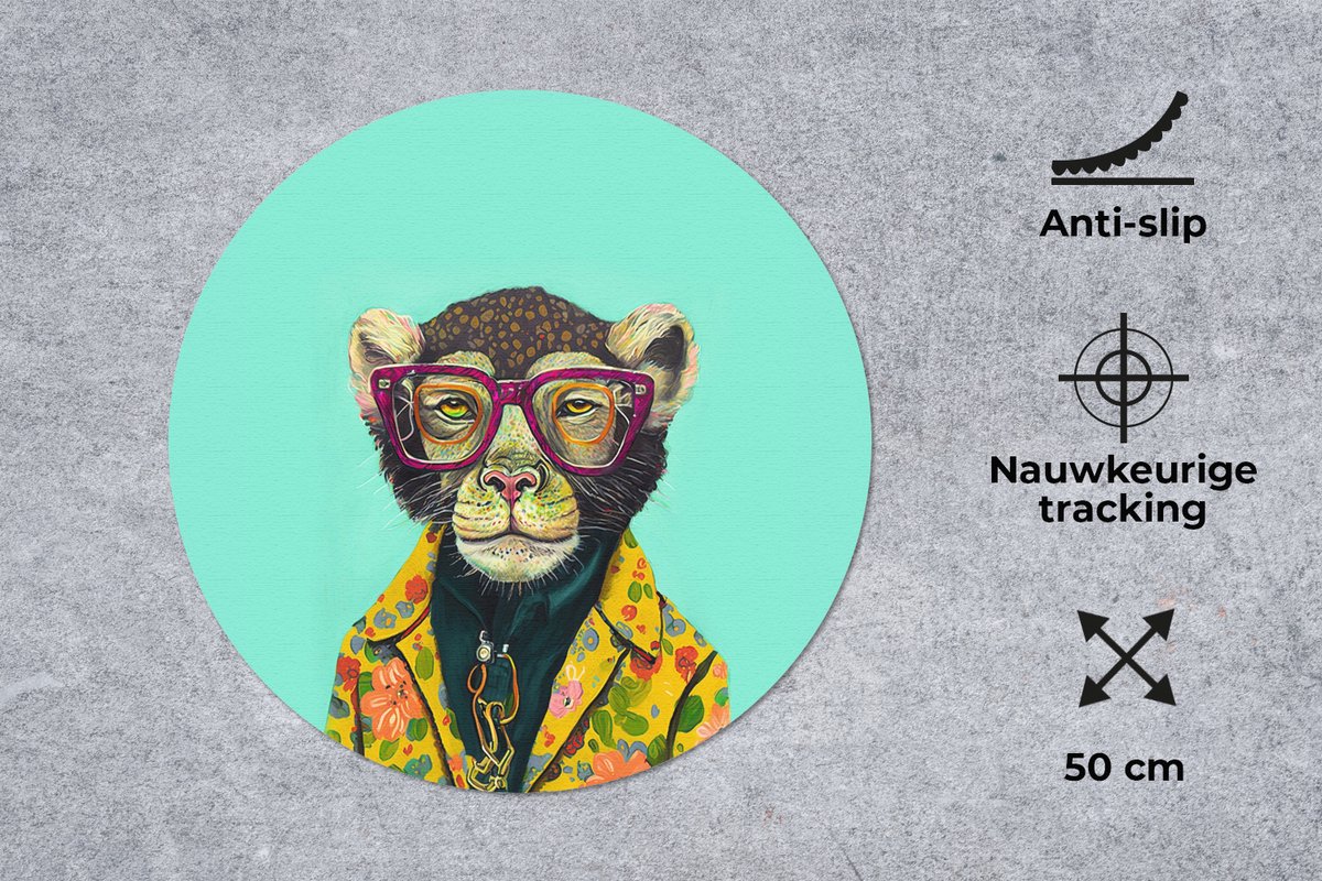 Muismat rond 50x50 cm - Mousepad Design - Roze - Bril - Aap - Dieren - Ronde muismatten