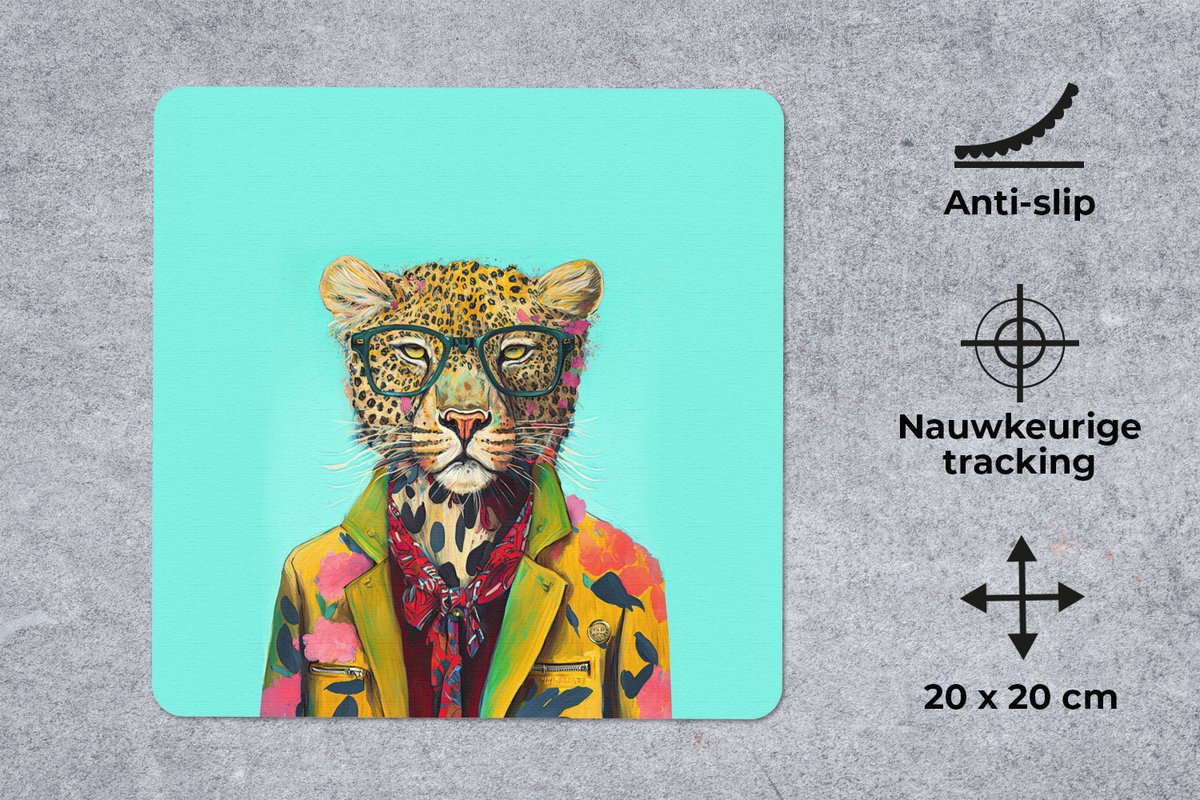 Muismat 20x20 cm - Mousepad Dier - Bril - Luipaard - Strik - Design - Muismatten