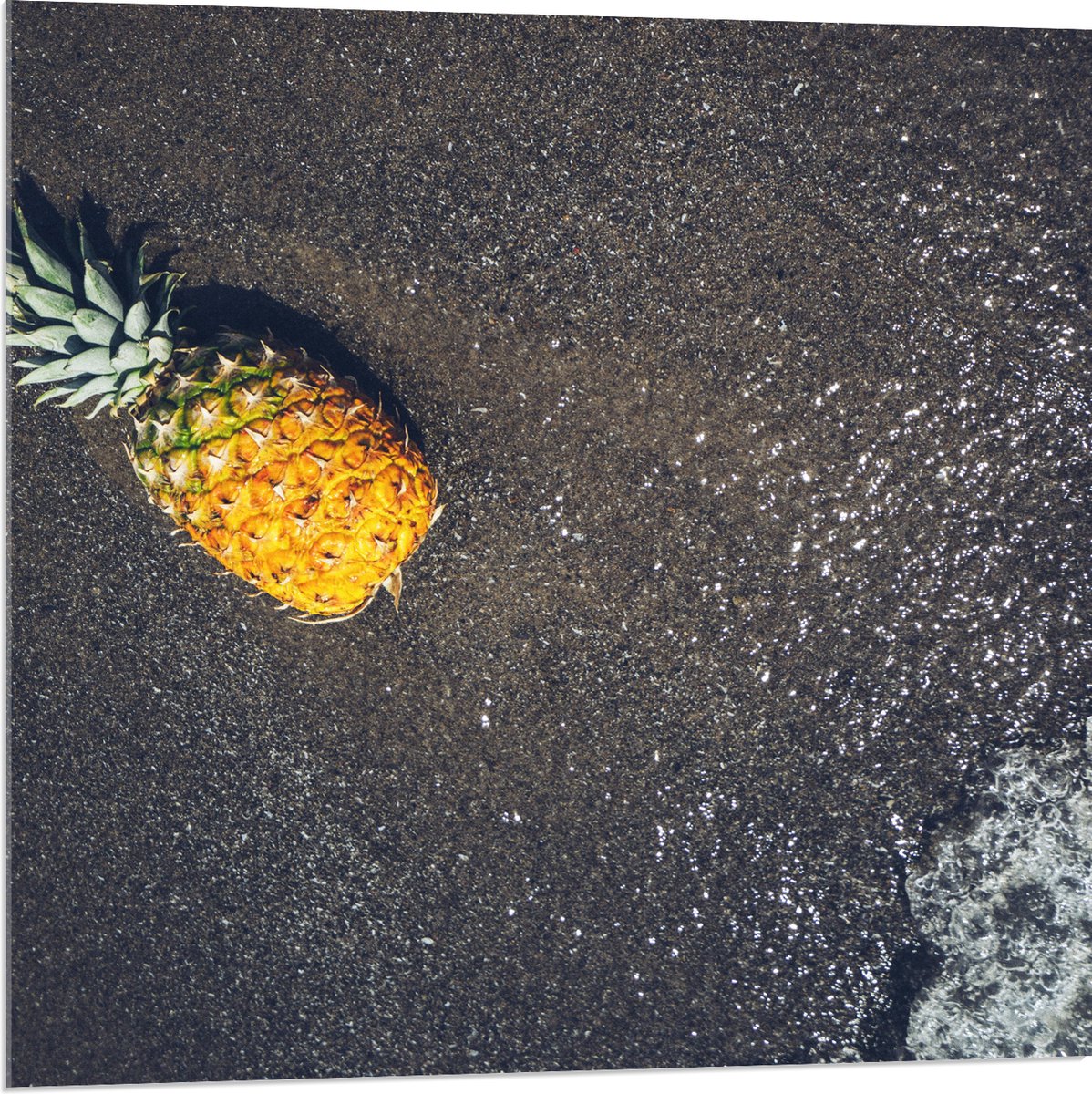 Acrylglas - Ananas op het Strand met Zee - 80x80 cm Foto op Acrylglas (Wanddecoratie op Acrylaat)