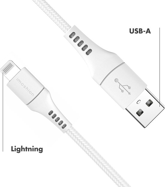 iMoshion Geschikt voor Lightning naar USB A Kabel - 1 meter - Oplaadkabel geschikt voor iPhone 11/12/13/14 - Stevig gevlochten materiaal - Wit - iMoshion