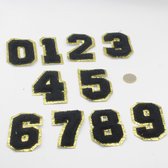 Set van 10 Nummers Patches "BASEBALL"met Gouden Randen van 0 tot 9 om op te strijken, Maat 8 x 5cm, kleur Goud/Zwart