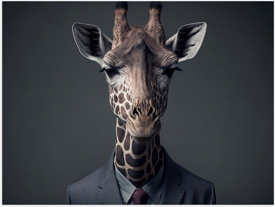 Poster Glanzend – Giraffe Zakenman in Pak - 80x60 cm Foto op Posterpapier met Glanzende Afwerking