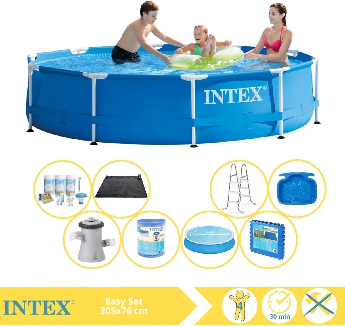 Intex Rond Frame Zwembad – 305 x 76 cm – Blauw – Inclusief Solarzeil – Onderhoudspakket – Zwembadfilterpomp – Filter – Solar Mat – Ladder – Voetenbad – Vloertegels – 9-delig
