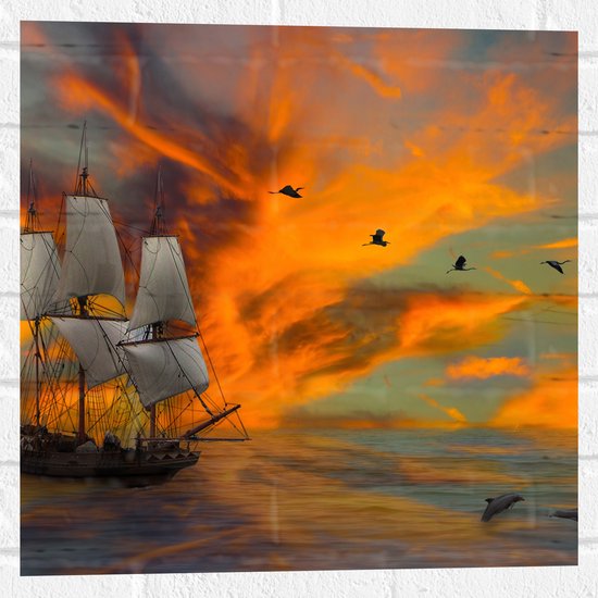 Muursticker - Schilderij van Vogels boven Zeilschip met Dolfijnen en Kleurrijke Lucht - 50x50 cm Foto op Muursticker