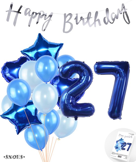 Snoes Ballonnen 27 Jaar Feestpakket – Versiering – Verjaardag Set Mason Blauw Cijferballon 27 Jaar - Heliumballon