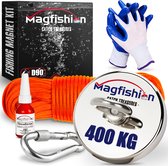 Magfishion Magneetvissen Set 400 KG - Vismagneet - 20 Meter Lang Touw + Karabijnhaak met Schroefsluiting - Handschoenen - Borgmiddel - Magneetvissen Starterspakket - Magneet Vissen - Outdoor - Magneetvissen Kinderen