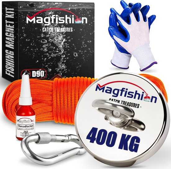 Magfishion Magneetvissen Set - 400 KG - Vismagneet - 20 Meter Lang Touw + Karabijnhaak met Schroefsluiting - Handschoenen - Borgmiddel - Magneetvissen Starterspakket - Magneet Vissen - Outdoor