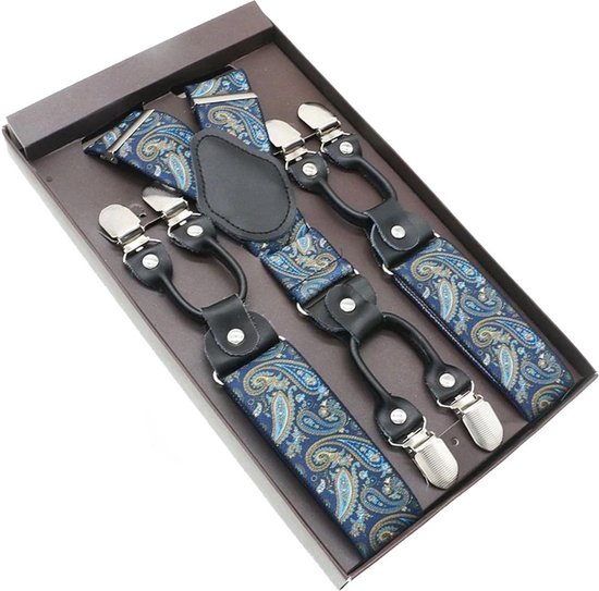 Chique moderne bretels - Blauw paisley dessin - zwart leer - 6 stevige clips - bretels heren - unisex