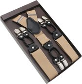 Luxe chique bretels - Beige effen - Sorprese - zwart leer - 6 stevige clips - heren - unisex