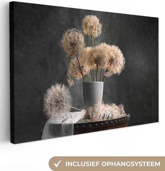 Canvas Schilderij Bloemzaden - Paardenbloem- Vaas - Stilleven - Boeket - 90x60 cm - Wanddecoratie