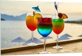 Acrylglas - Kleurrijke Cocktails met Uitzicht op Zee - 150x100 cm Foto op Acrylglas (Wanddecoratie op Acrylaat)